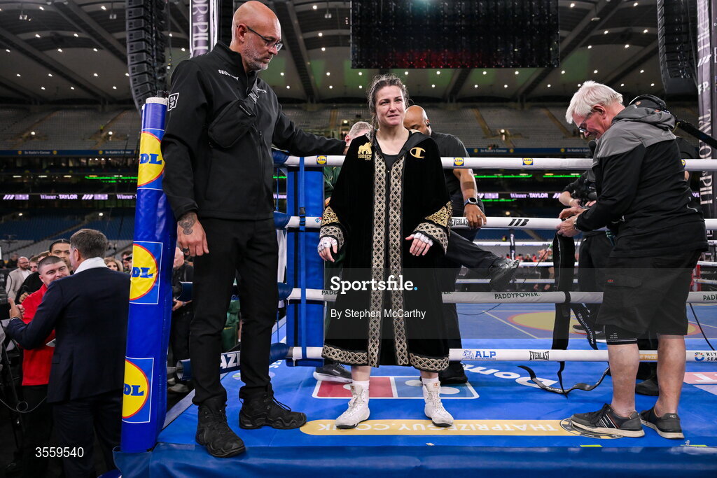 5 September 2026; Katie Taylor leaves the ring after her undisputed super lightweight championship fight with Flora Pili at the Once Upon A Time fight night in Croke Park, Dublin. Photo by Stephen McCarthy/Sportsfile