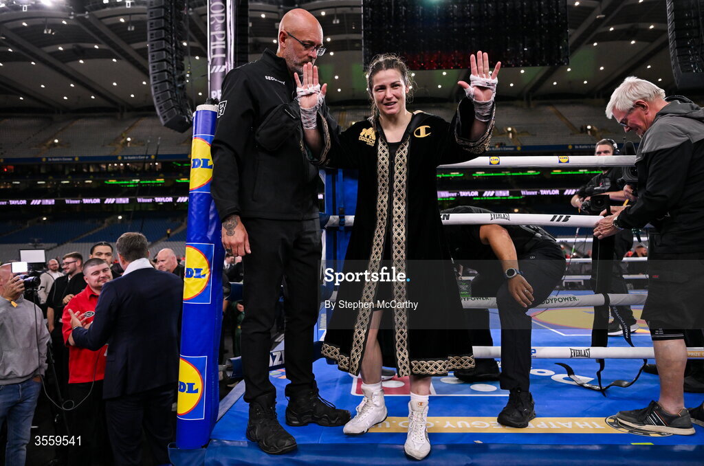 5 September 2026; Katie Taylor leaves the ring after her undisputed super lightweight championship fight with Flora Pili at the Once Upon A Time fight night in Croke Park, Dublin. Photo by Stephen McCarthy/Sportsfile