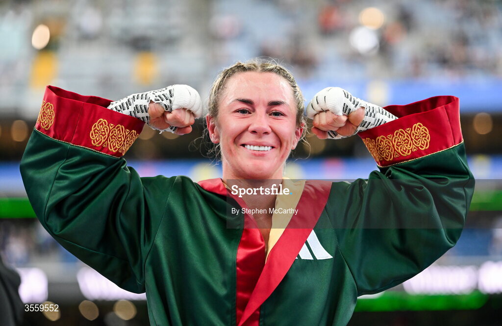 5 September 2026; Molly McCann celebrates after being declared victorious in her bantamweight bout with Sylwia Doligala at the Once Upon A Time fight night in Croke Park, Dublin. Photo by Stephen McCarthy/Sportsfile