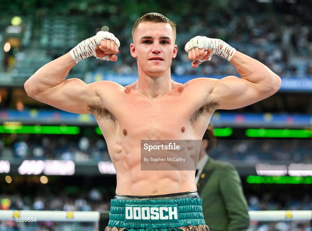5 September 2026; Taylor Bevan celebrates after being declared victorious in his super middleweight bout with Emmet Brennan at the Once Upon A Time fight night in Croke Park, Dublin. Photo by Stephen McCarthy/Sportsfile