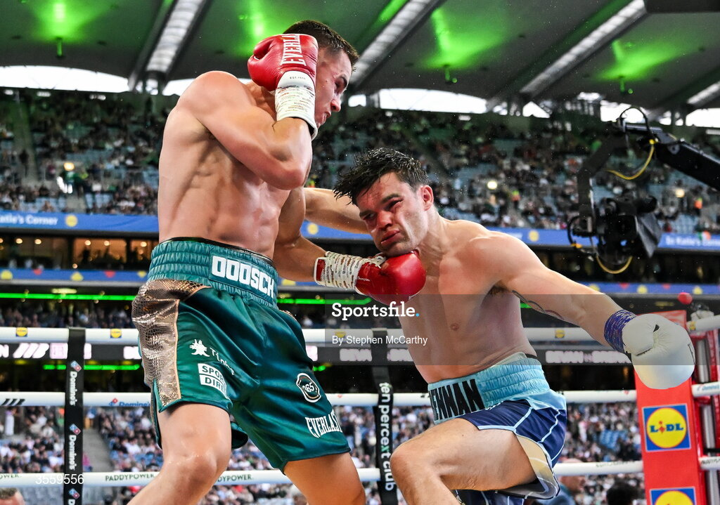 5 September 2026; Taylor Bevan, left, and Emmet Brennan during their super middleweight bout at the Once Upon A Time fight night in Croke Park, Dublin. Photo by Stephen McCarthy/Sportsfile