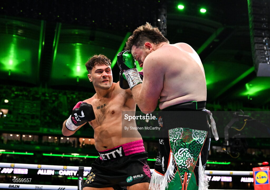 5 September 2026; Dave Allen, left, and Thomas Carty during their heavyweight bout at the Once Upon A Time fight night in Croke Park, Dublin. Photo by Stephen McCarthy/Sportsfile