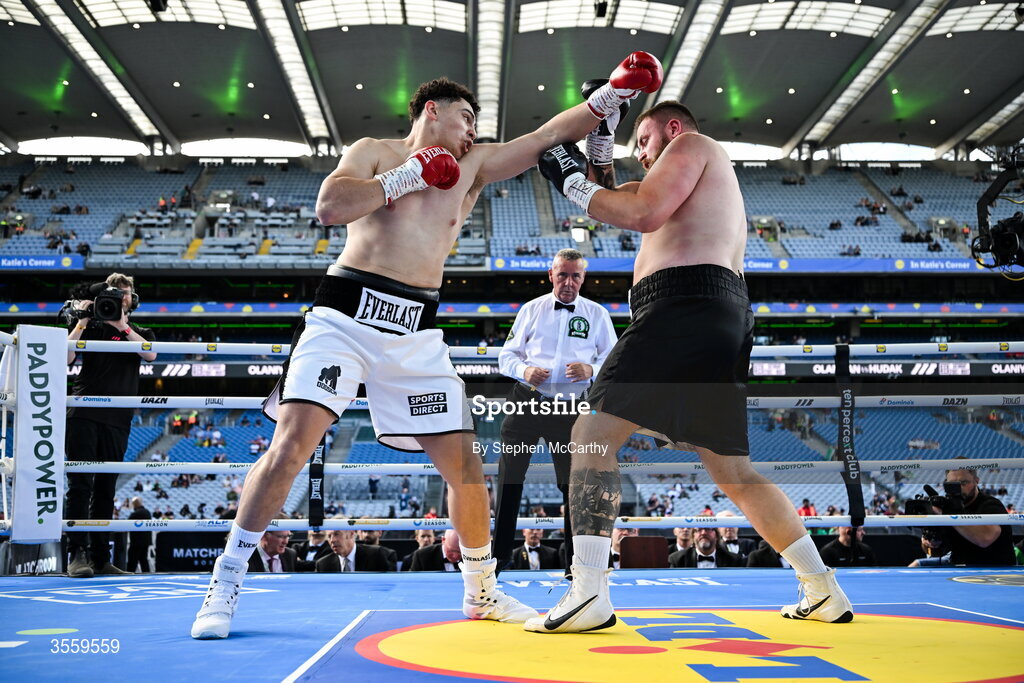5 September 2026; Adam Olaniyan, left, and Matej Hudak during their heavyweight bout at the Once Upon A Time fight night in Croke Park, Dublin. Photo by Stephen McCarthy/Sportsfile