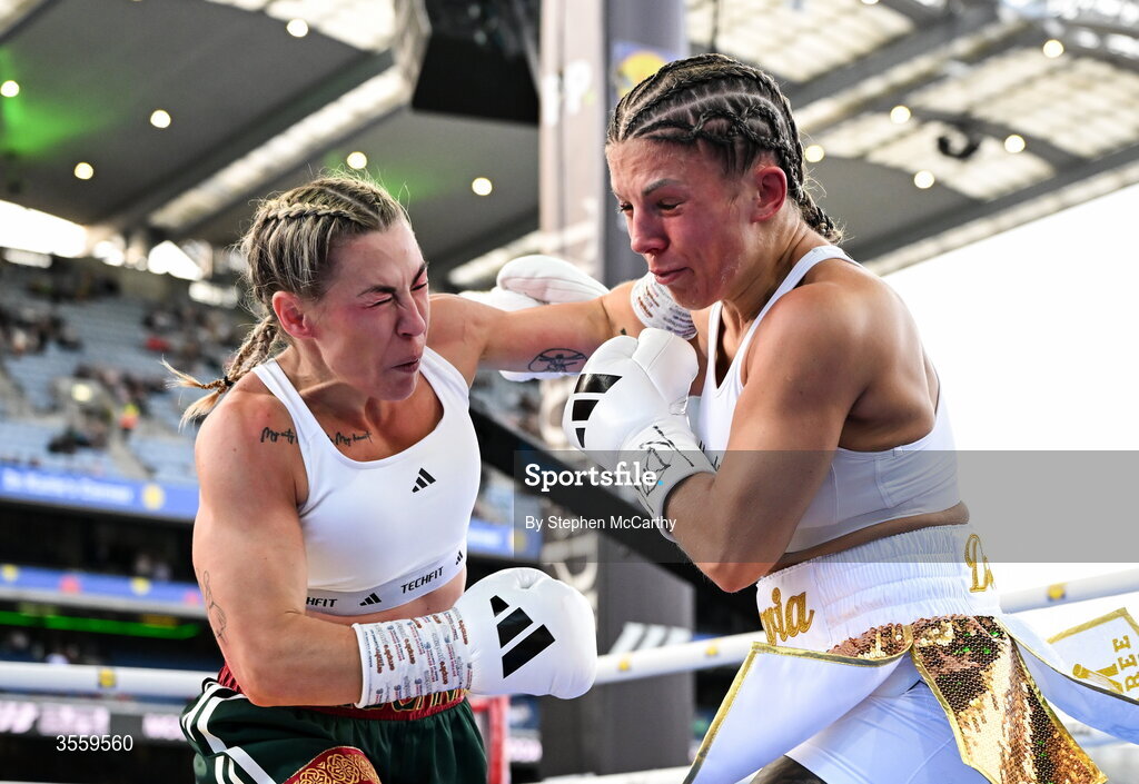 5 September 2026; Molly McCann, left, and Sylwia Doligala during their bantamweight bout at the Once Upon A Time fight night in Croke Park, Dublin. Photo by Stephen McCarthy/Sportsfile