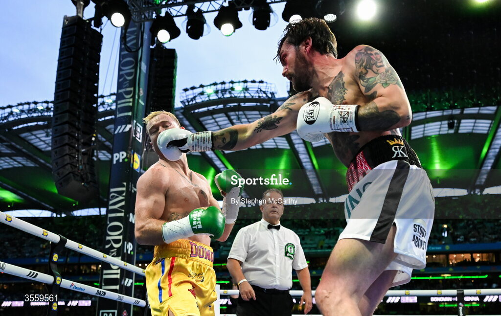 5 September 2026; Paddy Donovan, left, and Tyrone McKenna during their welterweight bout at the Once Upon A Time fight night in Croke Park, Dublin. Photo by Stephen McCarthy/Sportsfile