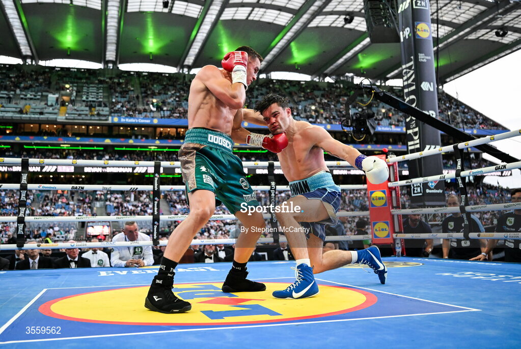 5 September 2026; Taylor Bevan, left, and Emmet Brennan during their super middleweight bout at the Once Upon A Time fight night in Croke Park, Dublin. Photo by Stephen McCarthy/Sportsfile