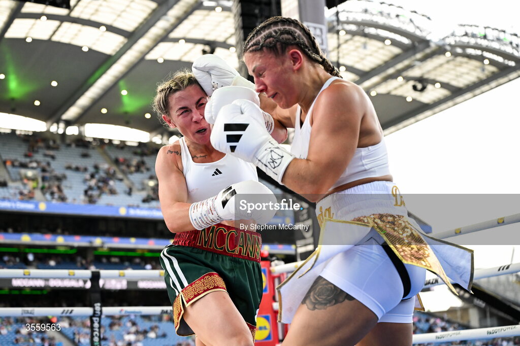 5 September 2026; Molly McCann, left, and Sylwia Doligala during their bantamweight bout at the Once Upon A Time fight night in Croke Park, Dublin. Photo by Stephen McCarthy/Sportsfile