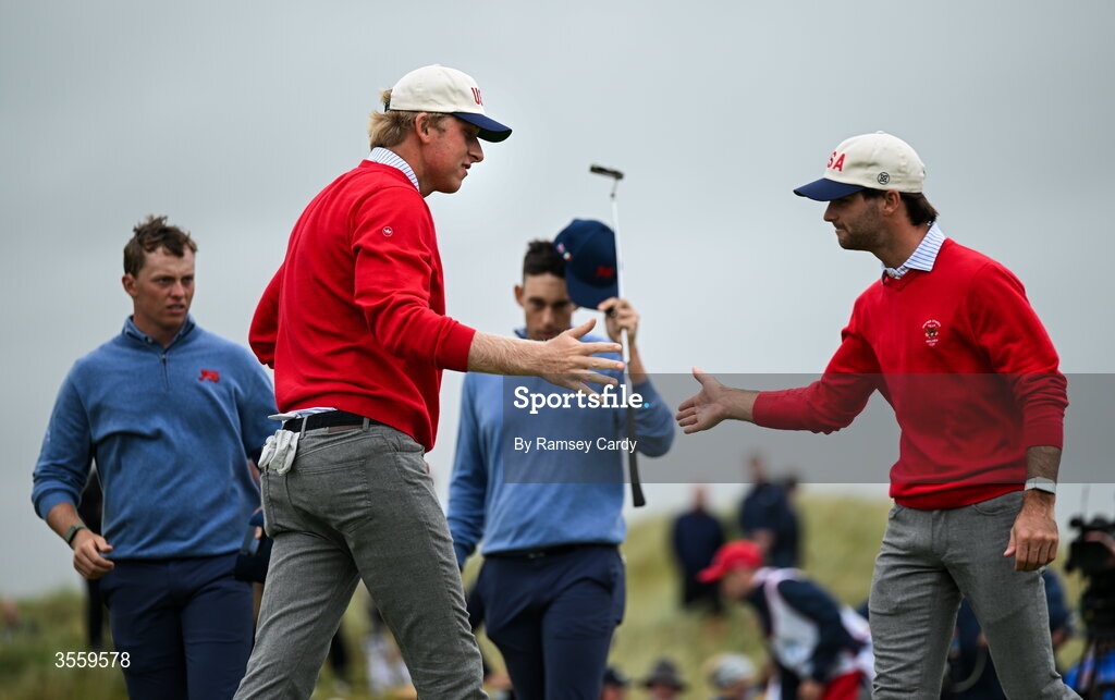6 September 2026; William Jennings, left, and Ryder Cowan of USA celebrate winning their match in the morning foursomes on day two of the 51st Walker Cup at Lahinch Golf Club in Lahinch, Clare. Photo by Ramsey Cardy/Sportsfile