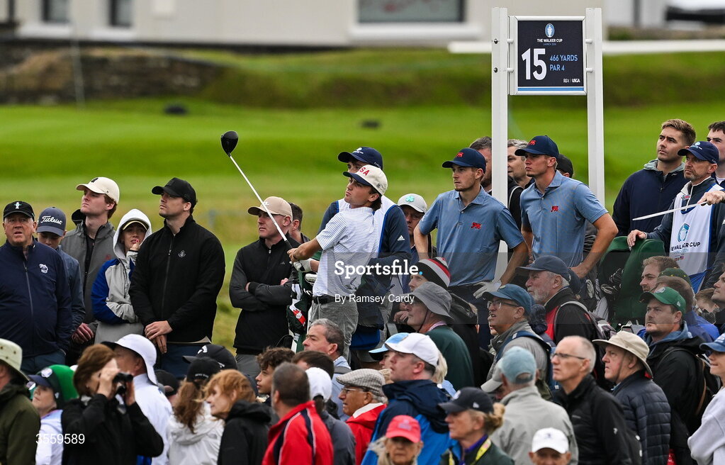 6 September 2026; Tyler Watts of USA watches his tee shot on the 15th hole during the morning foursomes on day two of the 51st Walker Cup at Lahinch Golf Club in Lahinch, Clare. Photo by Ramsey Cardy/Sportsfile
