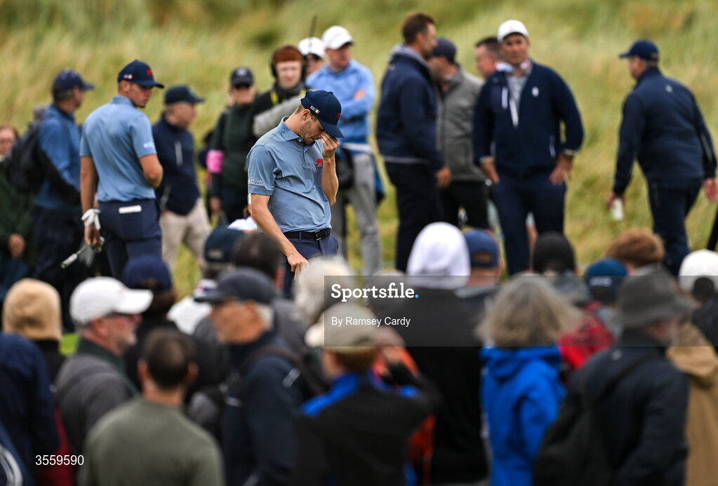 6 September 2026; Connor Graham of Great Britain and Ireland reacts to a missed putt during the morning foursomes on day two of the 51st Walker Cup at Lahinch Golf Club in Lahinch, Clare. Photo by Ramsey Cardy/Sportsfile