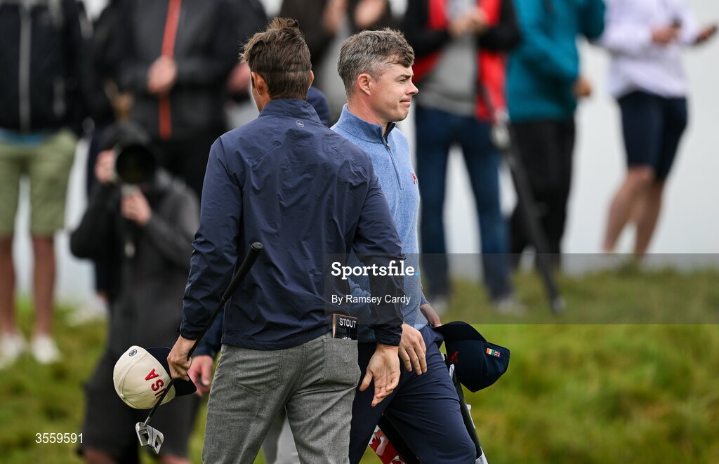 6 September 2026; Stuart Grehan of Great Britain and Ireland reacts after defeat during the morning foursomes on day two of the 51st Walker Cup at Lahinch Golf Club in Lahinch, Clare. Photo by Ramsey Cardy/Sportsfile