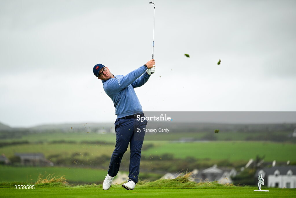 6 September 2026; Eliot Baker of Great Britain and Ireland watches his tee shot on the 16th hole during the morning foursomes on day two of the 51st Walker Cup at Lahinch Golf Club in Lahinch, Clare. Photo by Ramsey Cardy/Sportsfile