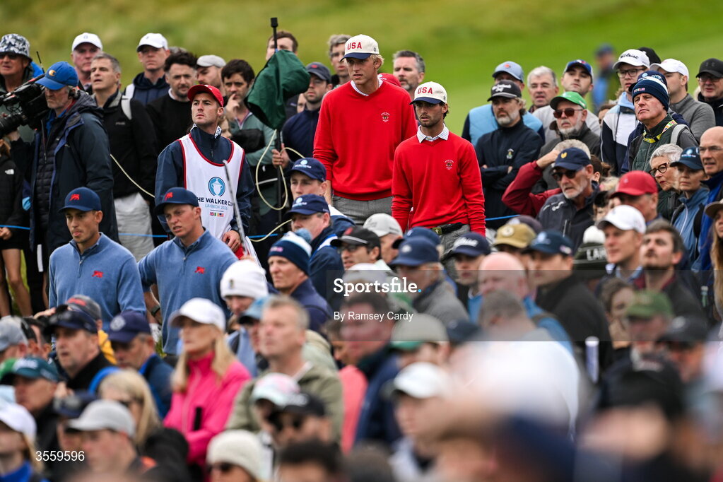 6 September 2026; William Jennings and Ryder Cowan of USA, and Niall Sheils Donegan and Josh Hill of Great Britain and Ireland during the morning foursomes on day two of the 51st Walker Cup at Lahinch Golf Club in Lahinch, Clare. Photo by Ramsey Cardy/Sportsfile