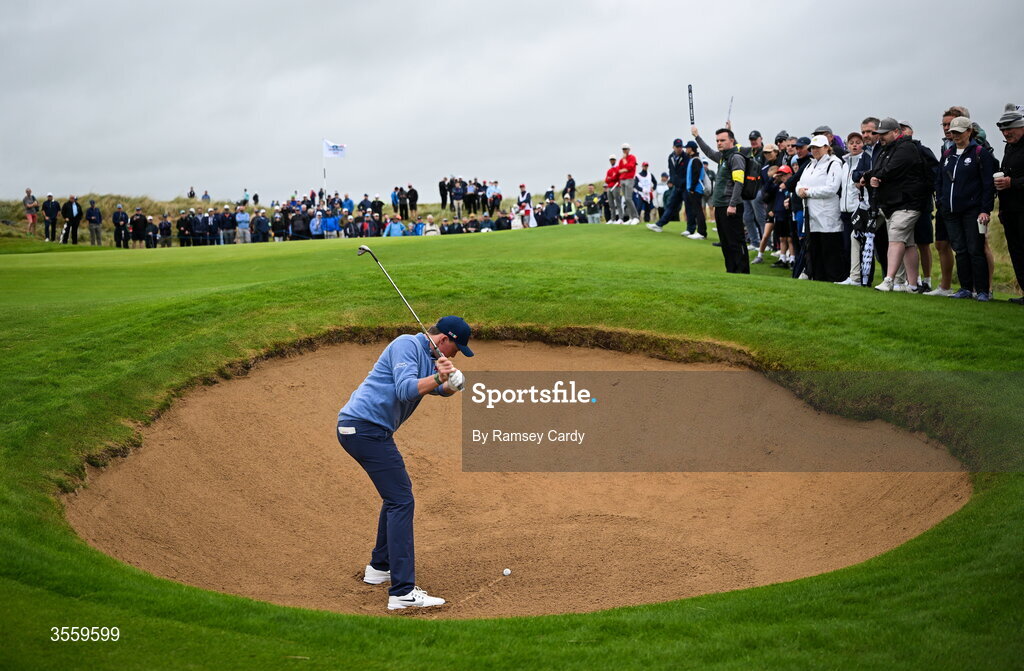 6 September 2026; Niall Sheils Donegan of Great Britain and Ireland plays out of the bunker on the 15th hole during the morning foursomes on day two of the 51st Walker Cup at Lahinch Golf Club in Lahinch, Clare. Photo by Ramsey Cardy/Sportsfile