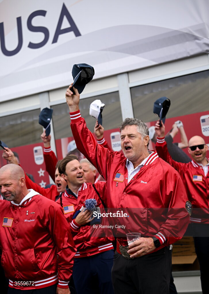 6 September 2026; USA supporters sing their National Anthem during the singles matches on day two of the 51st Walker Cup at Lahinch Golf Club in Lahinch, Clare. Photo by Ramsey Cardy/Sportsfile