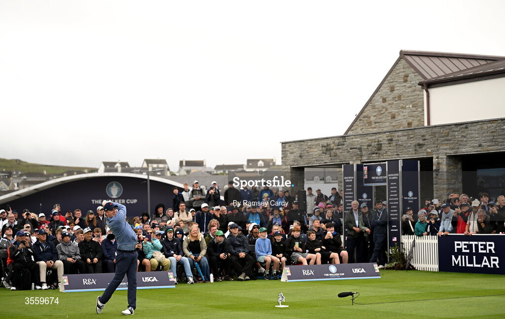 6 September 2026; Stuart Grehan of Great Britain and Ireland watches his tee shot on the first hole during the singles matches on day two of the 51st Walker Cup at Lahinch Golf Club in Lahinch, Clare. Photo by Ramsey Cardy/Sportsfile