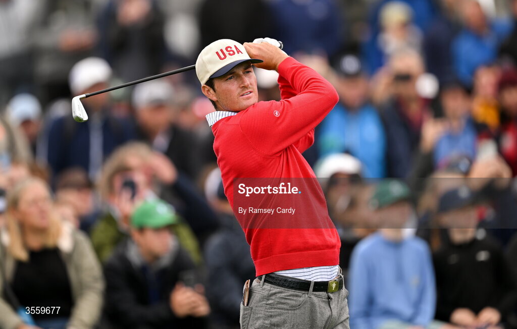6 September 2026; Preston Stout of USA watches his tee shot on the first hole during the singles matches on day two of the 51st Walker Cup at Lahinch Golf Club in Lahinch, Clare. Photo by Ramsey Cardy/Sportsfile