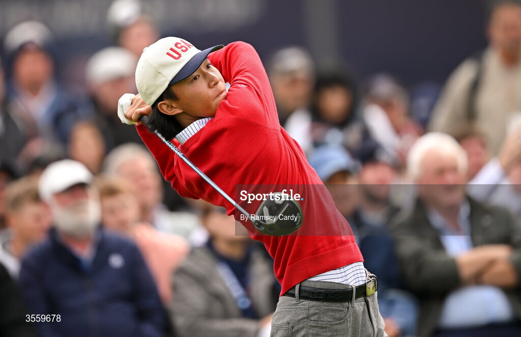 6 September 2026; Ethan Fang of USA watches his tee shot on the first hole during the singles matches on day two of the 51st Walker Cup at Lahinch Golf Club in Lahinch, Clare. Photo by Ramsey Cardy/Sportsfile