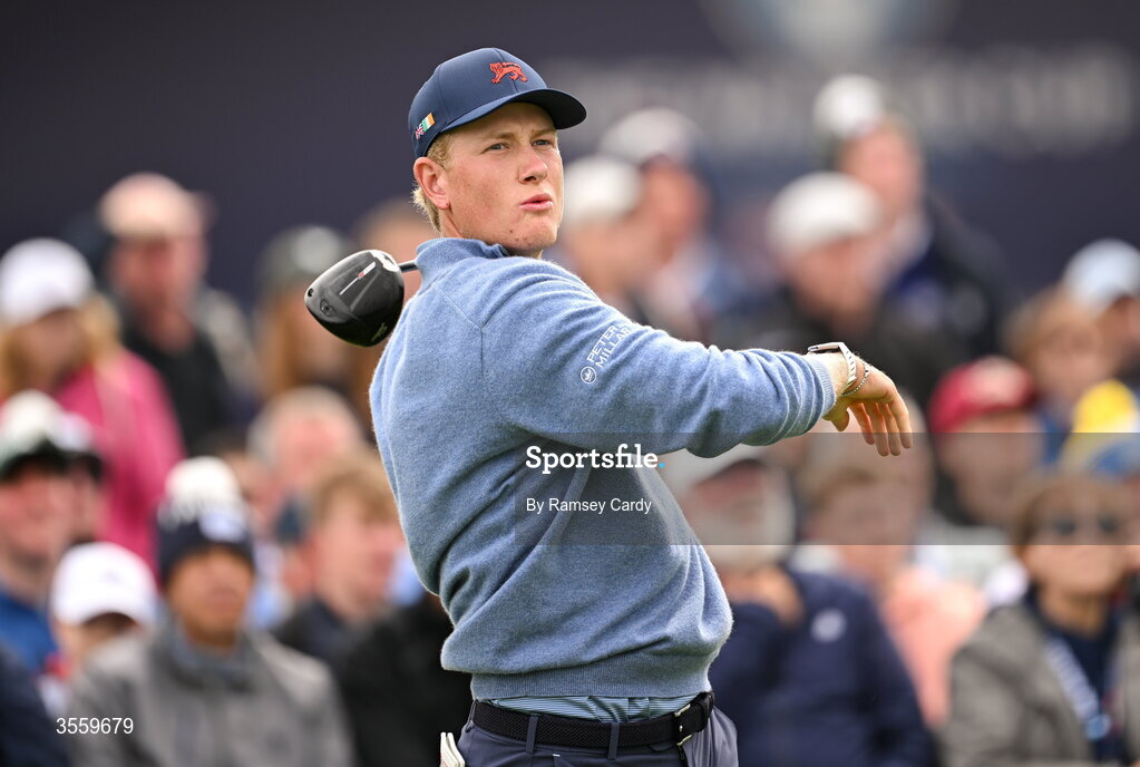 6 September 2026; Luke Poulter of Great Britain and Ireland watches his tee shot on the first hole during the singles matches on day two of the 51st Walker Cup at Lahinch Golf Club in Lahinch, Clare. Photo by Ramsey Cardy/Sportsfile