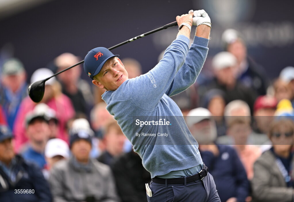 6 September 2026; Luke Poulter of Great Britain and Ireland watches his tee shot on the first hole during the singles matches on day two of the 51st Walker Cup at Lahinch Golf Club in Lahinch, Clare. Photo by Ramsey Cardy/Sportsfile