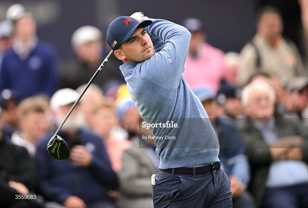 6 September 2026; Tyler Weaver of Great Britain and Ireland watches his tee shot on the first hole during the singles matches on day two of the 51st Walker Cup at Lahinch Golf Club in Lahinch, Clare. Photo by Ramsey Cardy/Sportsfile