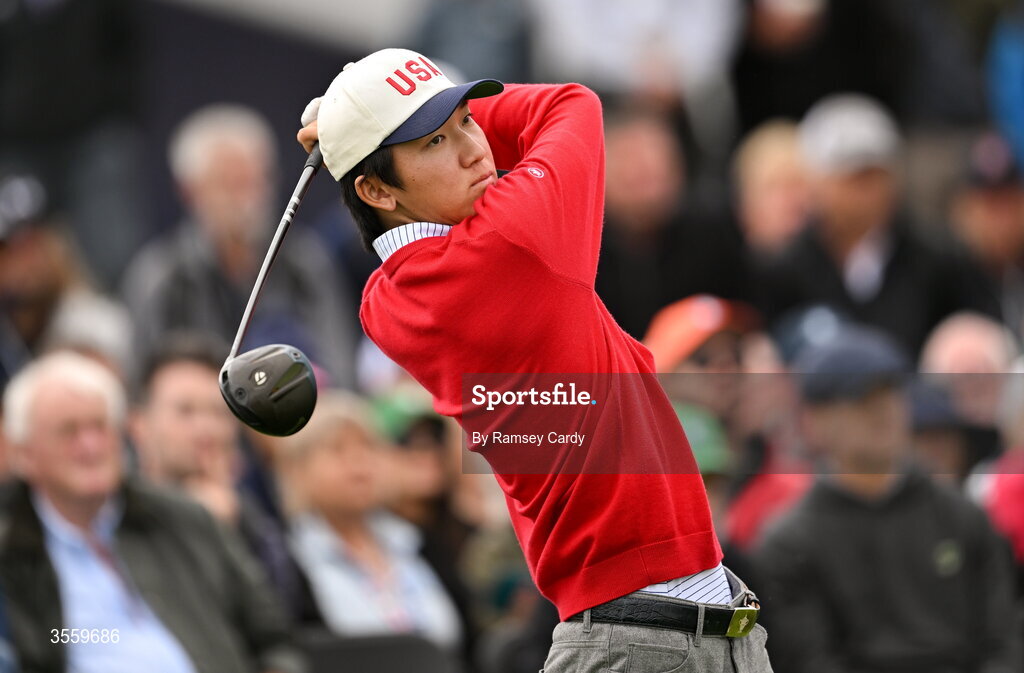 6 September 2026; Jay Leng Jr of USA watches his tee shot on the first hole during the singles matches on day two of the 51st Walker Cup at Lahinch Golf Club in Lahinch, Clare. Photo by Ramsey Cardy/Sportsfile