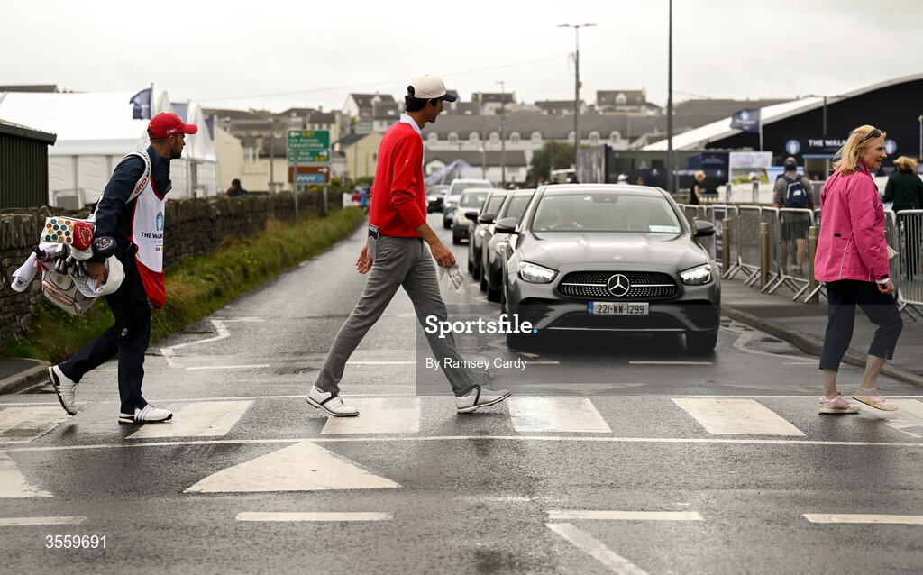 6 September 2026; Stewart Hagestad of USA makes his way to the course before the singles matches on day two of the 51st Walker Cup at Lahinch Golf Club in Lahinch, Clare. Photo by Ramsey Cardy/Sportsfile