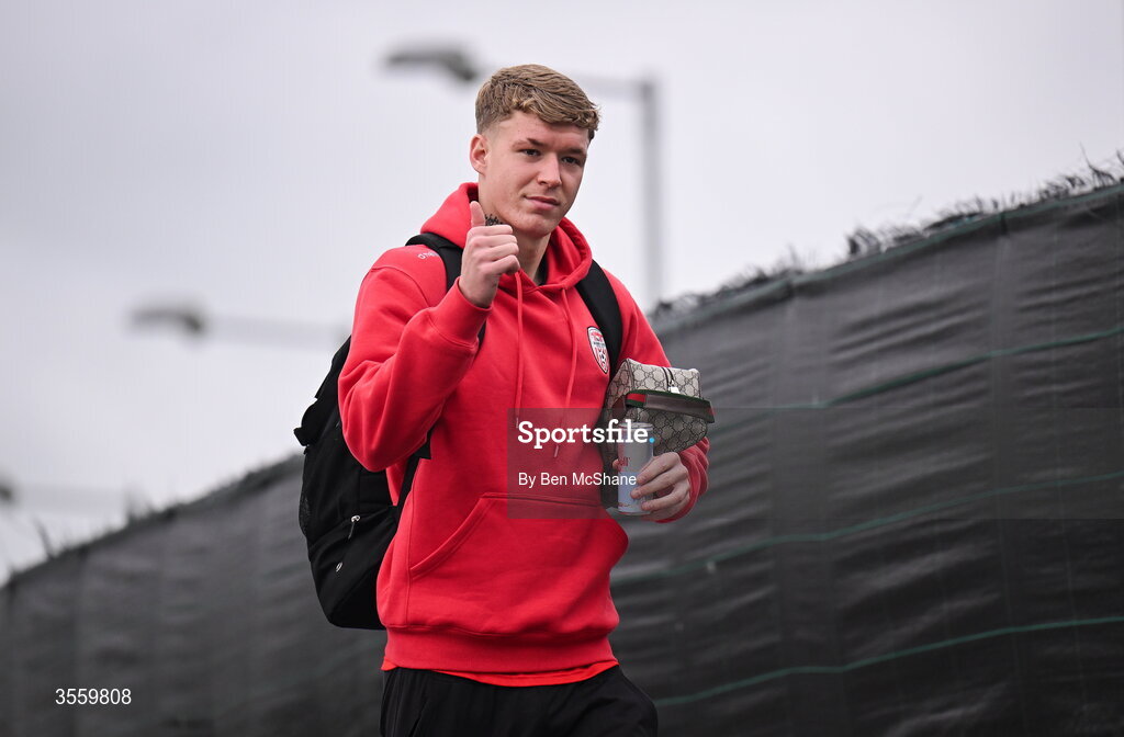 6 September 2026; Christy Grogan of Derry City arrives before the Club Orange Men’s FAI Cup quarter-final match between Derry City and Dundalk at The Ryan McBride Brandywell Stadium in Derry. Photo by Ben McShane/Sportsfile