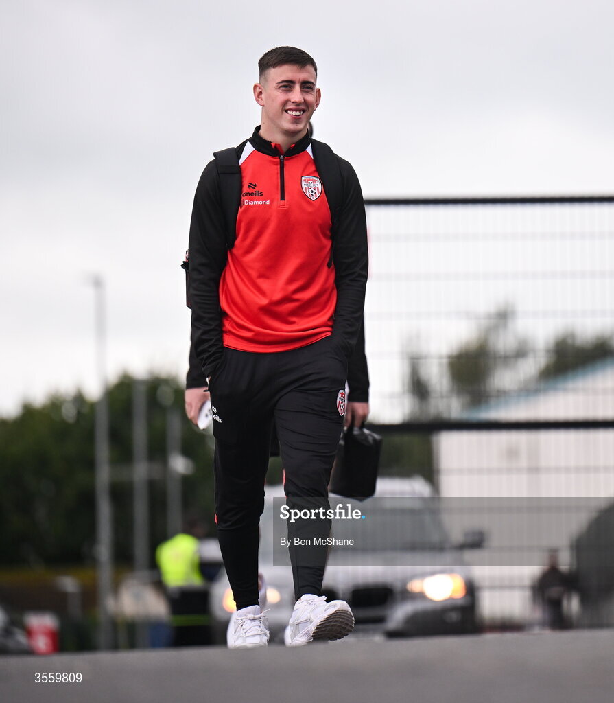 6 September 2026; Darragh Burns of Derry City arrives before the Club Orange Men’s FAI Cup quarter-final match between Derry City and Dundalk at The Ryan McBride Brandywell Stadium in Derry. Photo by Ben McShane/Sportsfile
