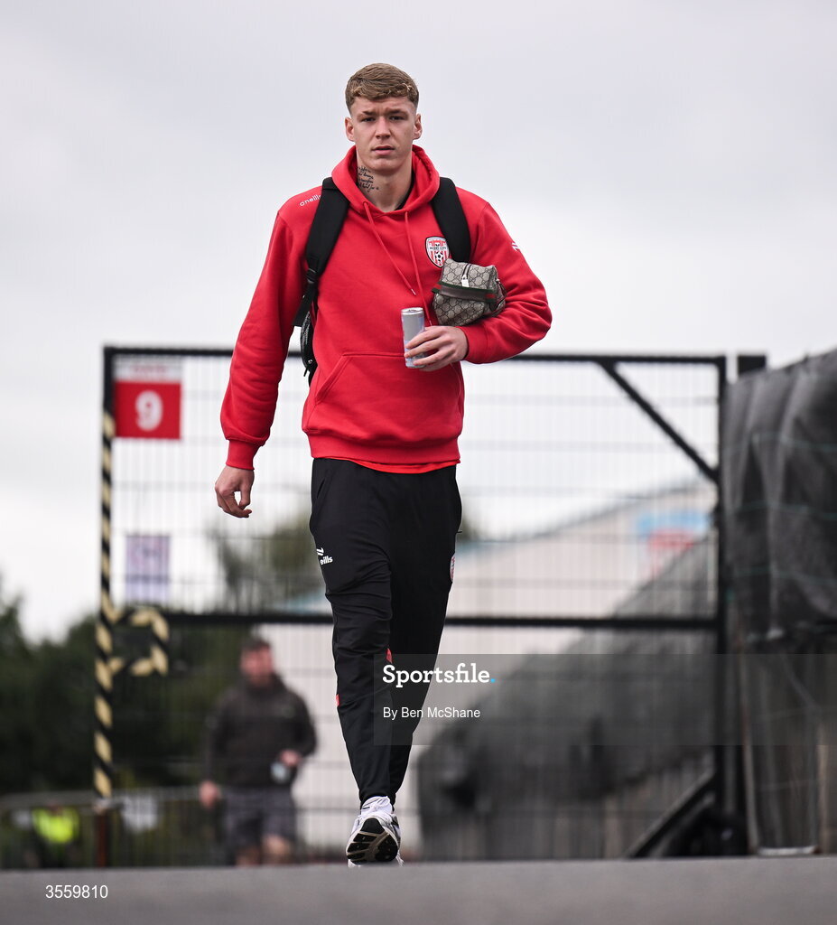 6 September 2026; Christy Grogan of Derry City arrives before the Club Orange Men’s FAI Cup quarter-final match between Derry City and Dundalk at The Ryan McBride Brandywell Stadium in Derry. Photo by Ben McShane/Sportsfile