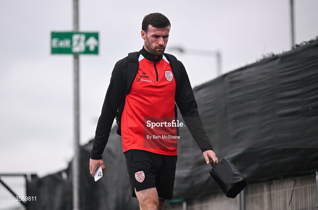 6 September 2026; Patrick McClean of Derry City arrives the Club Orange Men’s FAI Cup quarter-final match between Derry City and Dundalk at The Ryan McBride Brandywell Stadium in Derry. Photo by Ben McShane/Sportsfile