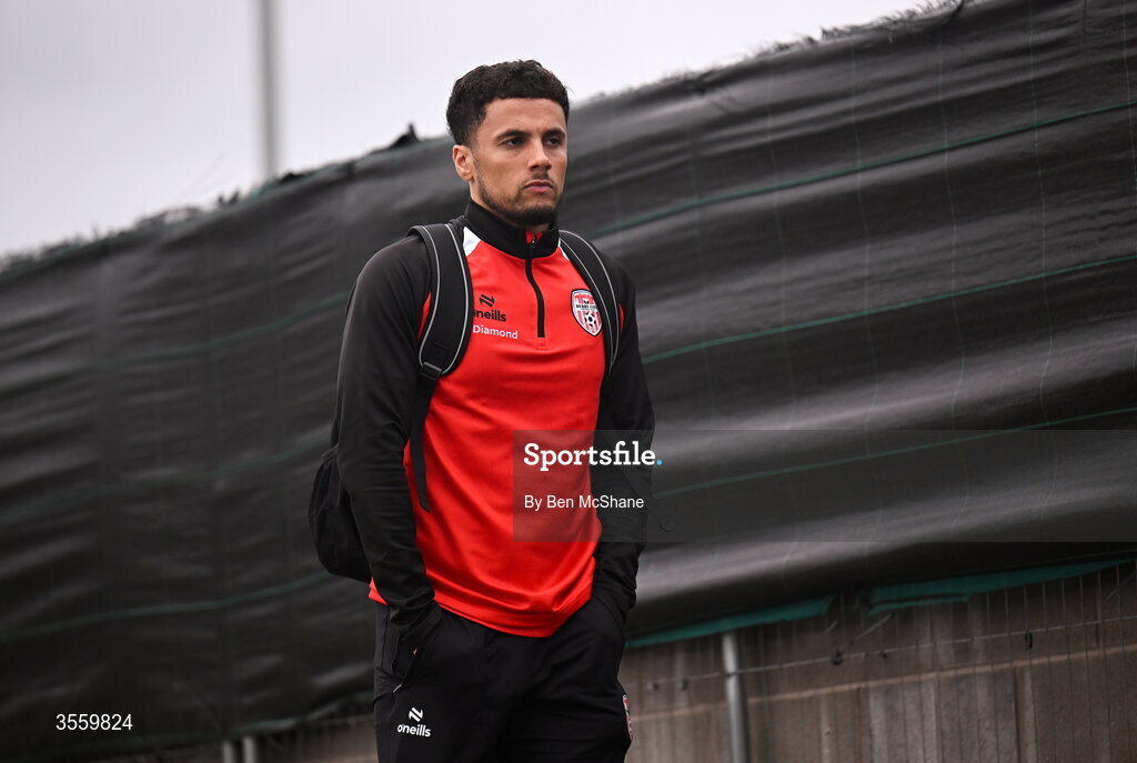 6 September 2026; Brooklyn Lyons-Foster of Derry City arrives before the Club Orange Men’s FAI Cup quarter-final match between Derry City and Dundalk at The Ryan McBride Brandywell Stadium in Derry. Photo by Ben McShane/Sportsfile