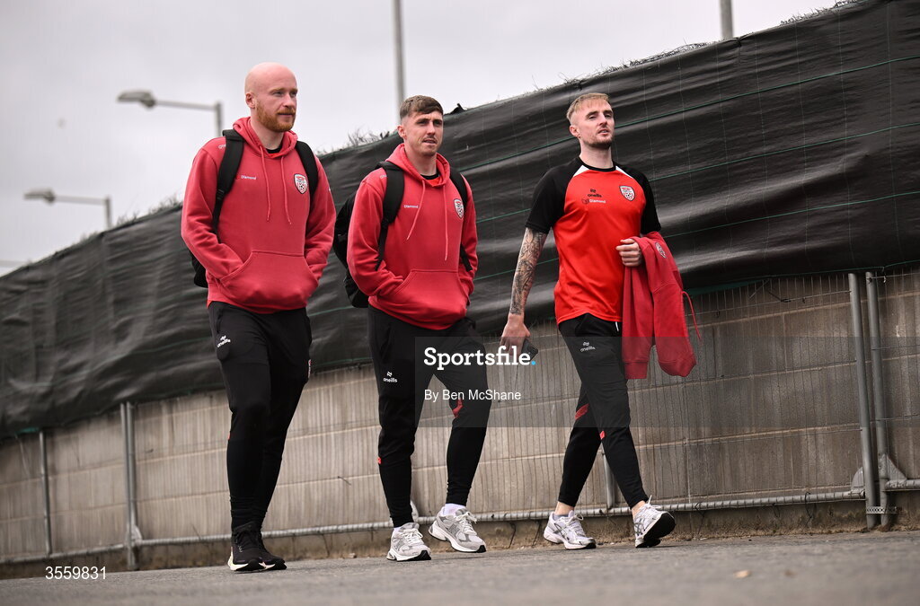 6 September 2026; Derry City players, from left, Liam Boyce, Gavin Whyte and Carl Winchester arrive before the Club Orange Men’s FAI Cup quarter-final match between Derry City and Dundalk at The Ryan McBride Brandywell Stadium in Derry. Photo by Ben McShane/Sportsfile