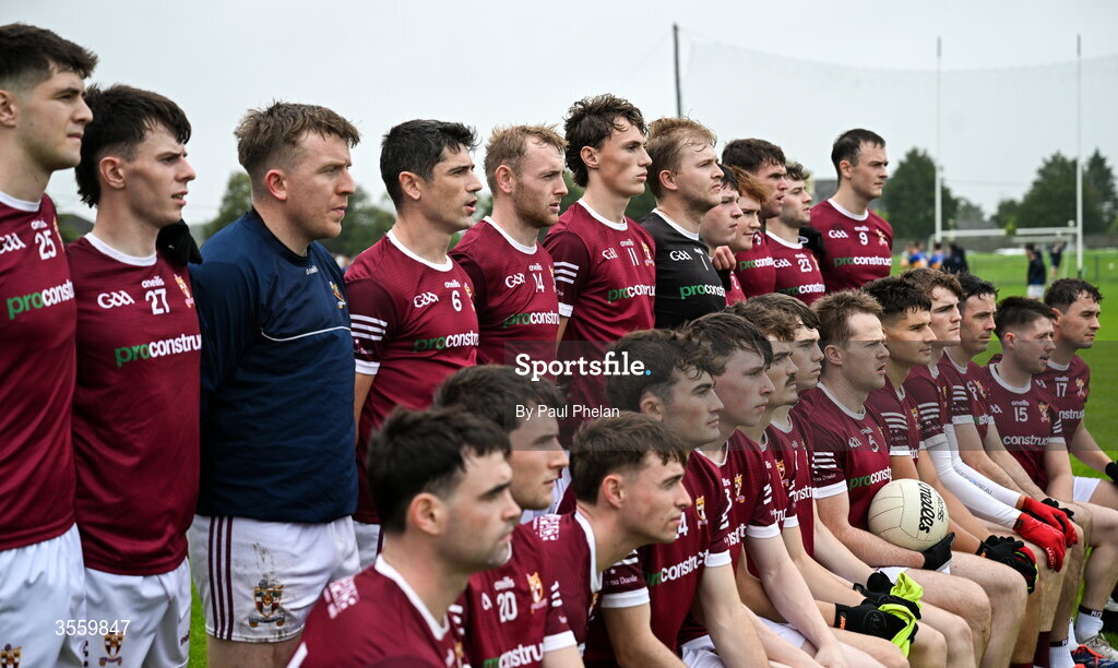 6 September 2026; Kobe McDonald of Crossmolina Deel Rovers, centre of the back row, lines up for a squad photo with his teammates before the Connacht Gold Senior Club Championship Group 3 match between Crossmolina Deel Rovers of Mayo and Mayo Gaels of Mayo at Charlestown Sarsfields GAA, Fr O'Hara Park, Charlestown in Mayo. Photo by Paul Phelan/Sportsfile