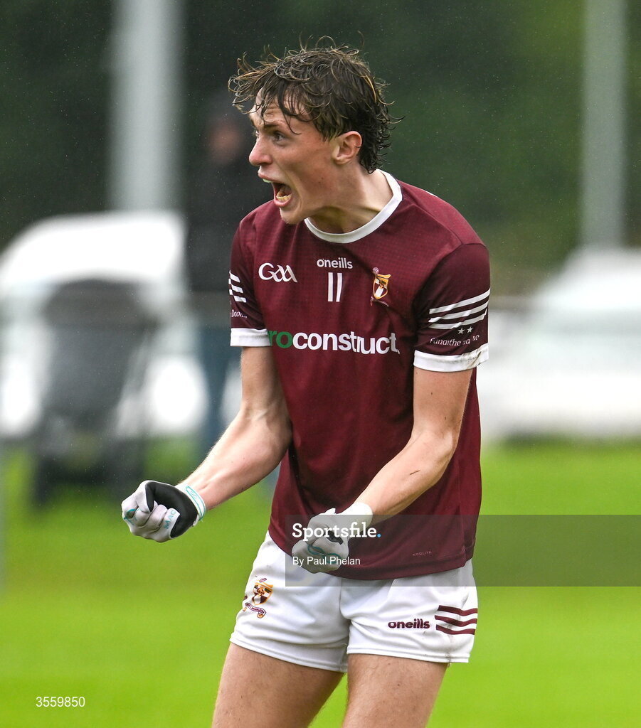 6 September 2026; Kobe McDonald of Crossmolina Deel Rovers celebrates a point scored by his brother Jordan Flynn to secure his team a draw during the closing minutes of the Connacht Gold Senior Club Championship Group 3 match between Crossmolina Deel Rovers of Mayo and Mayo Gaels of Mayo at Charlestown Sarsfields GAA, Fr O'Hara Park, Charlestown in Mayo. Photo by Paul Phelan/Sportsfile