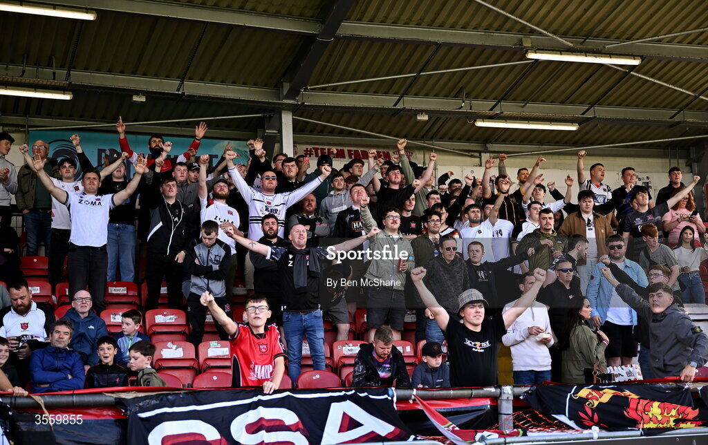 6 September 2026; Dundalk supporters before the Club Orange Men’s FAI Cup quarter-final match between Derry City and Dundalk at The Ryan McBride Brandywell Stadium in Derry. Photo by Ben McShane/Sportsfile