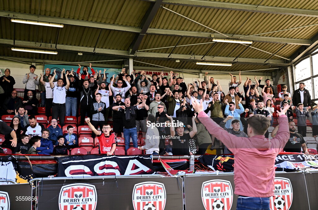6 September 2026; Dundalk supporters before the Club Orange Men’s FAI Cup quarter-final match between Derry City and Dundalk at The Ryan McBride Brandywell Stadium in Derry. Photo by Ben McShane/Sportsfile