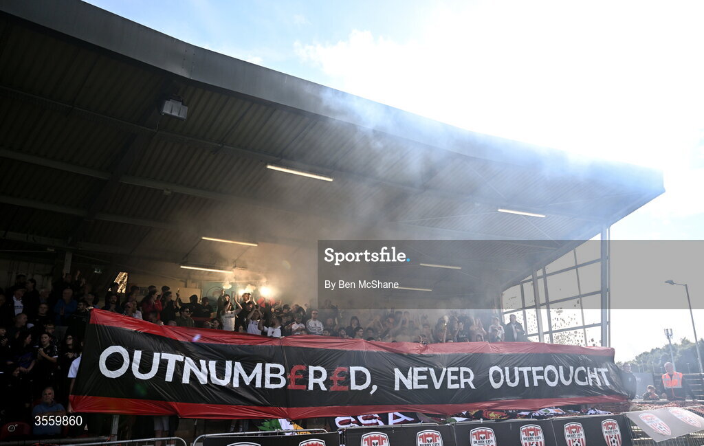 6 September 2026; Dundalk supporters before the Club Orange Men’s FAI Cup quarter-final match between Derry City and Dundalk at The Ryan McBride Brandywell Stadium in Derry. Photo by Ben McShane/Sportsfile