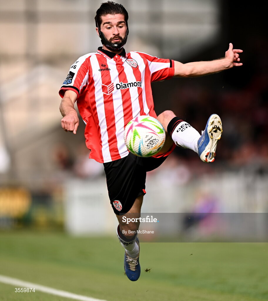 6 September 2026; Brandon Fleming of Derry City during the Club Orange Men’s FAI Cup quarter-final match between Derry City and Dundalk at The Ryan McBride Brandywell Stadium in Derry. Photo by Ben McShane/Sportsfile