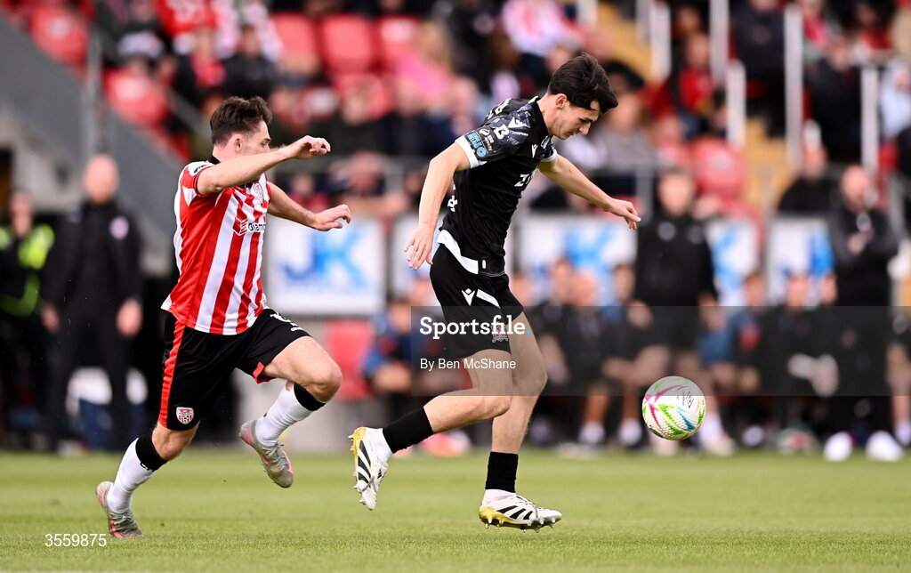 6 September 2026; Shane Tracey of Dundalk in action against Adam O'Reilly of Derry City during the Club Orange Men’s FAI Cup quarter-final match between Derry City and Dundalk at The Ryan McBride Brandywell Stadium in Derry. Photo by Ben McShane/Sportsfile