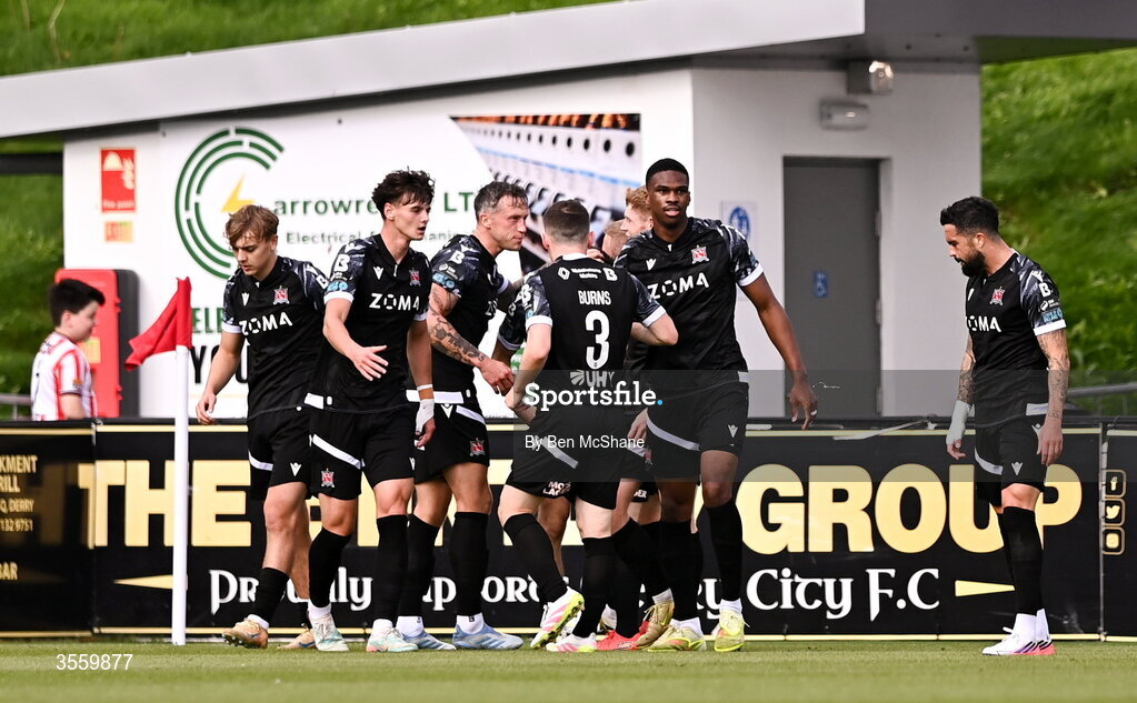 6 September 2026; Dundalk players celebrate their first goal, scored by Shane Tracey, during the Club Orange Men’s FAI Cup quarter-final match between Derry City and Dundalk at The Ryan McBride Brandywell Stadium in Derry. Photo by Ben McShane/Sportsfile