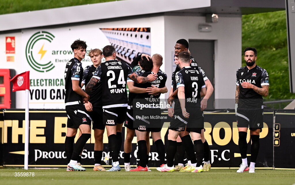 6 September 2026; Dundalk players celebrate their first goal, scored by Shane Tracey, during the Club Orange Men’s FAI Cup quarter-final match between Derry City and Dundalk at The Ryan McBride Brandywell Stadium in Derry. Photo by Ben McShane/Sportsfile
