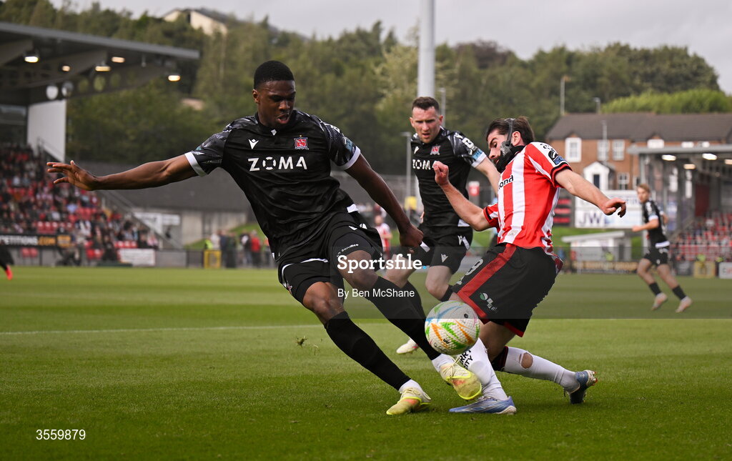 6 September 2026; Brandon Fleming of Derry City is tackled by Mayowa Animasahun of Dundalk during the Club Orange Men’s FAI Cup quarter-final match between Derry City and Dundalk at The Ryan McBride Brandywell Stadium in Derry. Photo by Ben McShane/Sportsfile