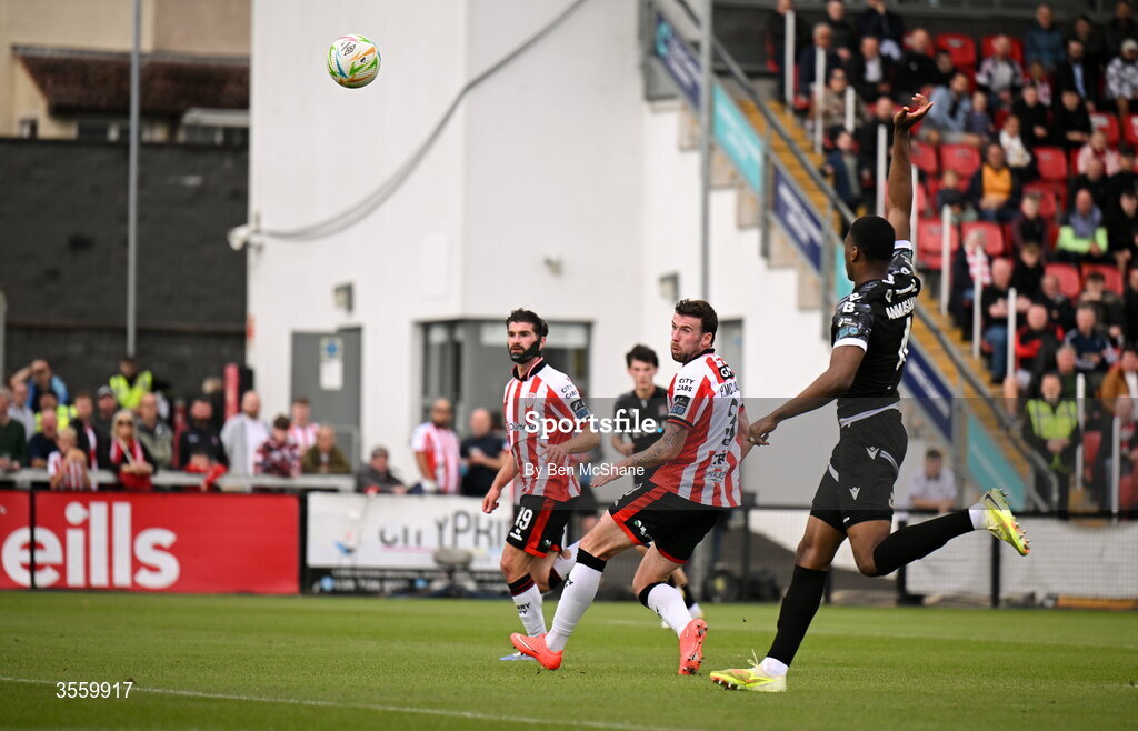 6 September 2026; Patrick McClean of Derry City scores his side's first goal during the Club Orange Men’s FAI Cup quarter-final match between Derry City and Dundalk at The Ryan McBride Brandywell Stadium in Derry. Photo by Ben McShane/Sportsfile