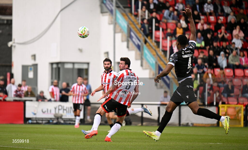 6 September 2026; Patrick McClean of Derry City scores his side's first goal during the Club Orange Men’s FAI Cup quarter-final match between Derry City and Dundalk at The Ryan McBride Brandywell Stadium in Derry. Photo by Ben McShane/Sportsfile