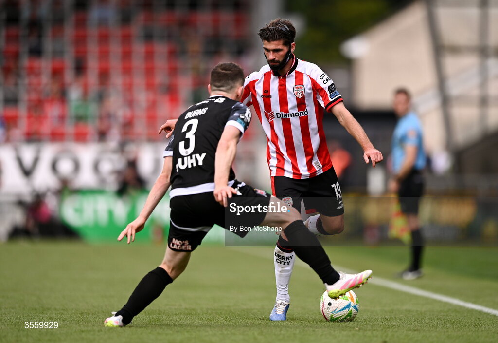 6 September 2026; Brandon Fleming of Derry City in action against Bobby Burns of Dundalk during the Club Orange Men’s FAI Cup quarter-final match between Derry City and Dundalk at The Ryan McBride Brandywell Stadium in Derry. Photo by Ben McShane/Sportsfile