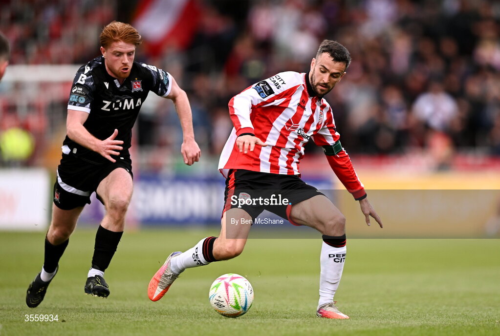 6 September 2026; Michael Duffy of Derry City in action against Aodh Dervin of Dundalk during the Club Orange Men’s FAI Cup quarter-final match between Derry City and Dundalk at The Ryan McBride Brandywell Stadium in Derry. Photo by Ben McShane/Sportsfile