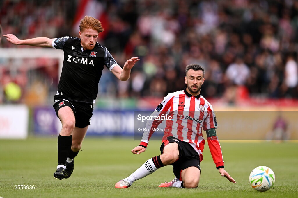 6 September 2026; Michael Duffy of Derry City in action against Aodh Dervin of Dundalk during the Club Orange Men’s FAI Cup quarter-final match between Derry City and Dundalk at The Ryan McBride Brandywell Stadium in Derry. Photo by Ben McShane/Sportsfile