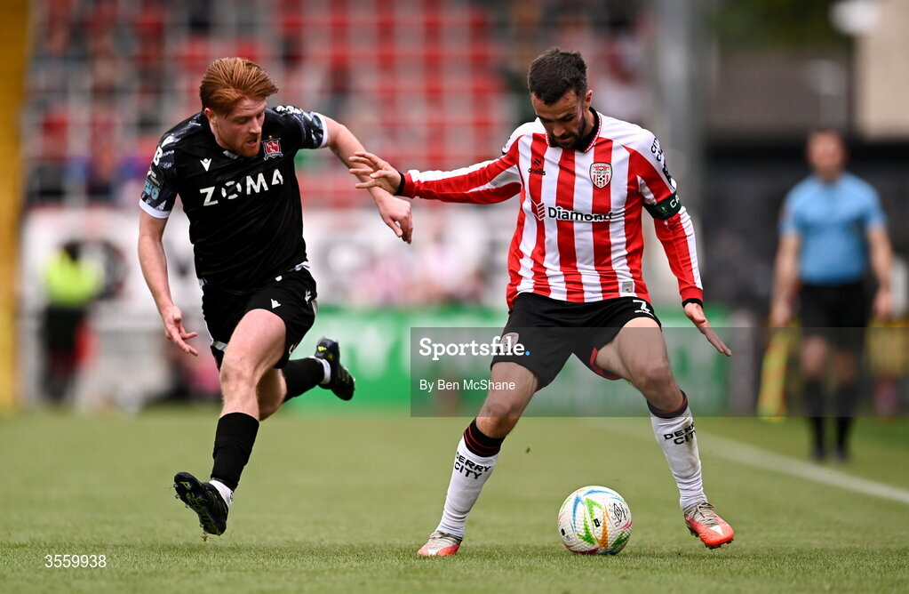 6 September 2026; Michael Duffy of Derry City in action against Aodh Dervin of Dundalk during the Club Orange Men’s FAI Cup quarter-final match between Derry City and Dundalk at The Ryan McBride Brandywell Stadium in Derry. Photo by Ben McShane/Sportsfile