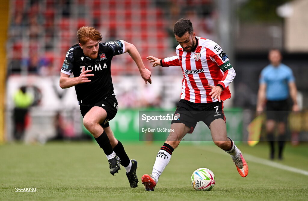 6 September 2026; Michael Duffy of Derry City in action against Aodh Dervin of Dundalk during the Club Orange Men’s FAI Cup quarter-final match between Derry City and Dundalk at The Ryan McBride Brandywell Stadium in Derry. Photo by Ben McShane/Sportsfile